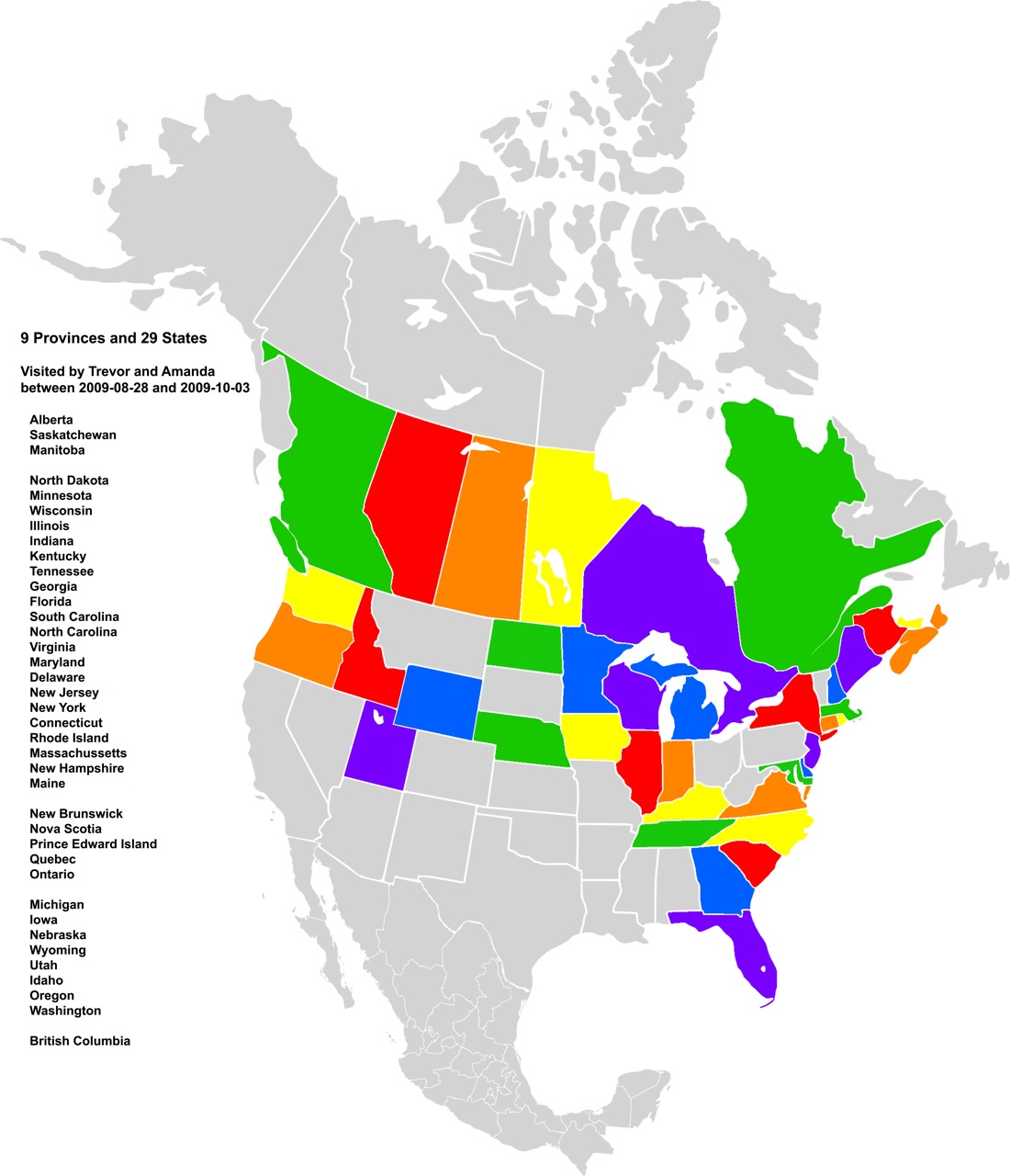 States and provinces visited